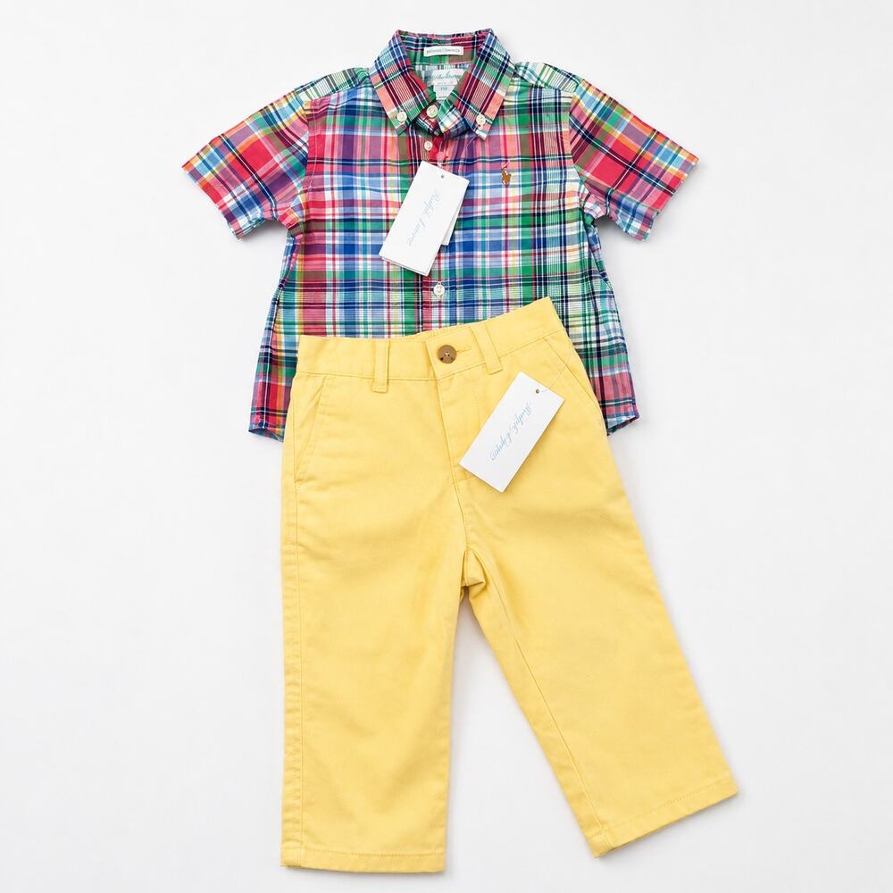 Ralph Lauren Boys 2 Pc Plaid Shirt Yellow Pants Set 12M NWT